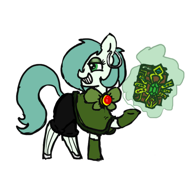 Size: 640x600 | Tagged: suggestive, alternate version, artist:ficficponyfic, color edit, derpibooru import, edit, oc, oc:emerald jewel, unofficial characters only, earth pony, pony, colt quest, adult, alternate color palette, alternate costumes, alternate hairstyle, alternate timeline, alternate universe, amulet, androgynous, aura, bedroom eyes, book, bowtie, clothes, clothes swap, color, colored, earring, eyeshadow, femboy, future, gem, gloves, grin, hair over one eye, leggings, levitation, lust, mage, magic, makeup, male, mantle, pants, piercing, possible spoilers, preview, seductive, solo, spellbook, stallion, sultry, sultry pose, telekinesis, trap