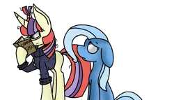 Size: 1280x732 | Tagged: dead source, safe, artist:rainbowsmarts, derpibooru import, moondancer, trixie, pony, unicorn, book, female, mare, missing horn, sad