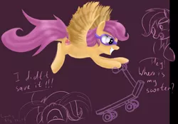 Size: 1150x800 | Tagged: artist:redheadfly, crying, derpibooru import, goggles, oc, oc:lucky fly, safe, scootaloo, scootaloo can fly, scooter