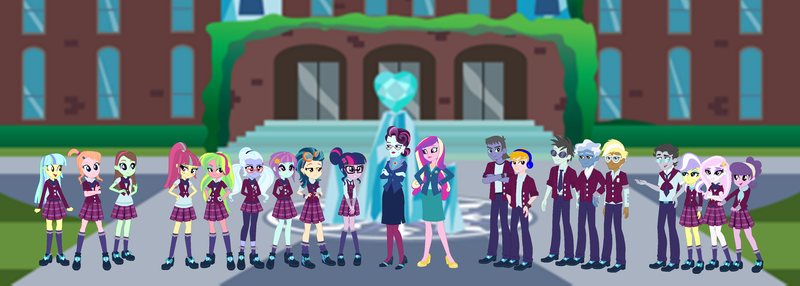 Size: 4882x1743 | Tagged: safe, artist:karalovely, derpibooru import, fleur-de-lis, indigo zap, jet set, lemon zest, neon lights, pokey pierce, princess cadance, principal abacus cinch, rising star, sci-twi, sour sweet, sugarcoat, sunny flare, suri polomare, trenderhoof, twilight sparkle, upper crust, oc, oc:chris matta, oc:gas rock, oc:honey bear, oc:julie bright, oc:manny brown, equestria girls, friendship games, clothes, crystal prep academy, crystal prep academy uniform, dean cadance, school uniform