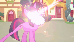 Size: 960x540 | Tagged: animated, animation error, artist:mlpfimguy, derpibooru import, explosion, eye beams, glowing eyes, gritted teeth, lens flare, not salmon, parasprite, running, safe, twilight sparkle, wat, wtf, youtube link