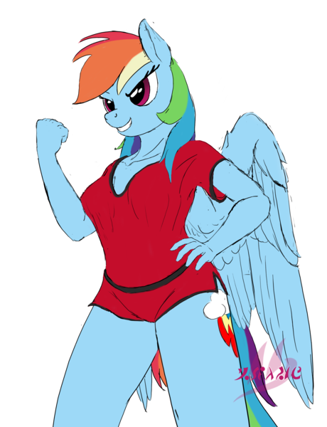 Size: 2370x3090 | Tagged: anthro, artist:drake, clothes, derpibooru import, hand on hip, rainbow dash, safe, shirt, simple background, sketch, solo, sports outfit, sports shorts, transparent background, wings