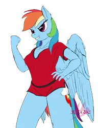 Size: 2370x3090 | Tagged: anthro, artist:drake, clothes, derpibooru import, hand on hip, rainbow dash, safe, shirt, simple background, sketch, solo, sports outfit, sports shorts, transparent background, wings