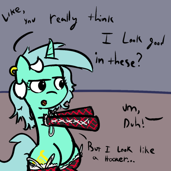 Size: 1050x1050 | Tagged: artist:davierocket, clothes, derpibooru import, dialogue, implied vinyl scratch, lyra heartstrings, safe, simple background, socks, solo, text, tumblr