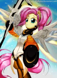 Size: 1636x2248 | Tagged: armor, artist:fluffydus, crossover, derpibooru import, fluttershy, lending a hoof, mercy, mercyshy, overwatch, safe, solo