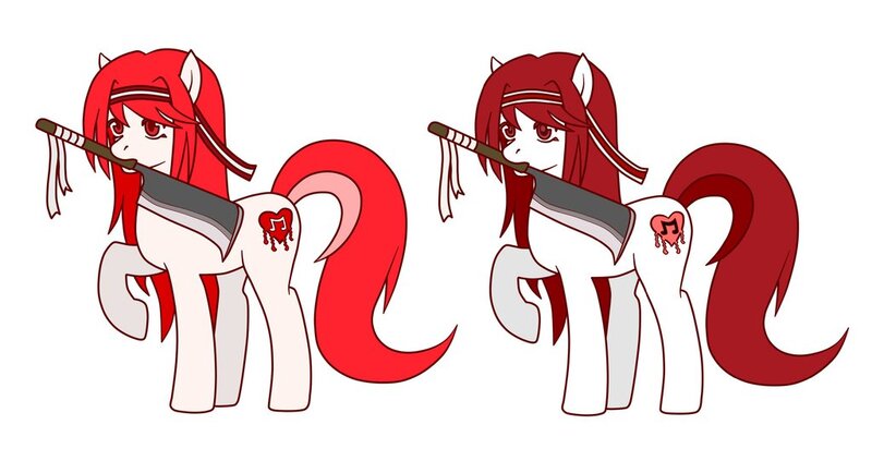 Size: 1024x527 | Tagged: artist:urusee584, blade, derpibooru import, fanloid, headband, juon kiku, mouth hold, ponified, safe, sword, vocaloid, weapon