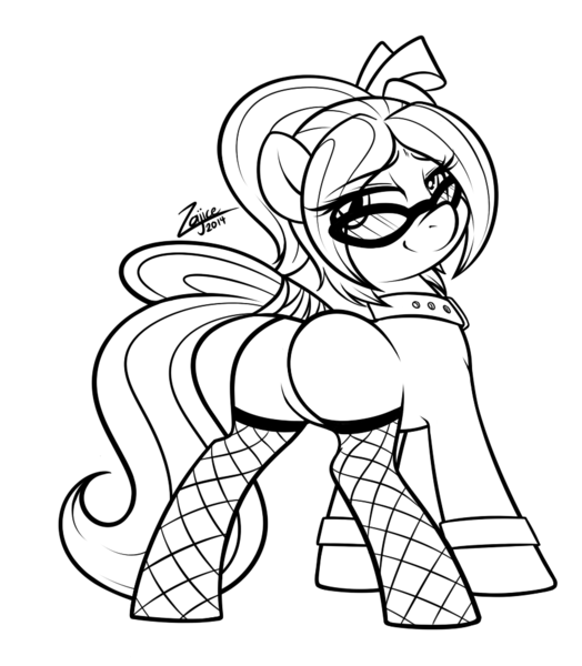 Size: 874x1000 | Tagged: suggestive, artist:zajice, derpibooru import, oc, oc:class act, unofficial characters only, earth pony, pony, bow, collar, cuffs (clothes), featureless crotch, female, fishnets, glasses, hair bow, lineart, mare, monochrome, plot, red light ponyville, tail wrap