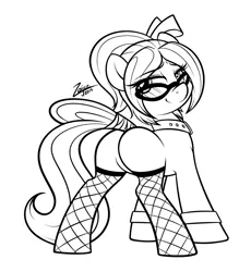 Size: 874x1000 | Tagged: suggestive, artist:zajice, derpibooru import, oc, oc:class act, unofficial characters only, earth pony, pony, bow, collar, cuffs (clothes), featureless crotch, female, fishnets, glasses, hair bow, lineart, mare, monochrome, plot, red light ponyville, tail wrap