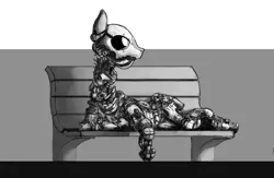 Size: 1397x912 | Tagged: safe, artist:red, derpibooru import, pony, robot, robot pony, bench, grayscale, monochrome, solo