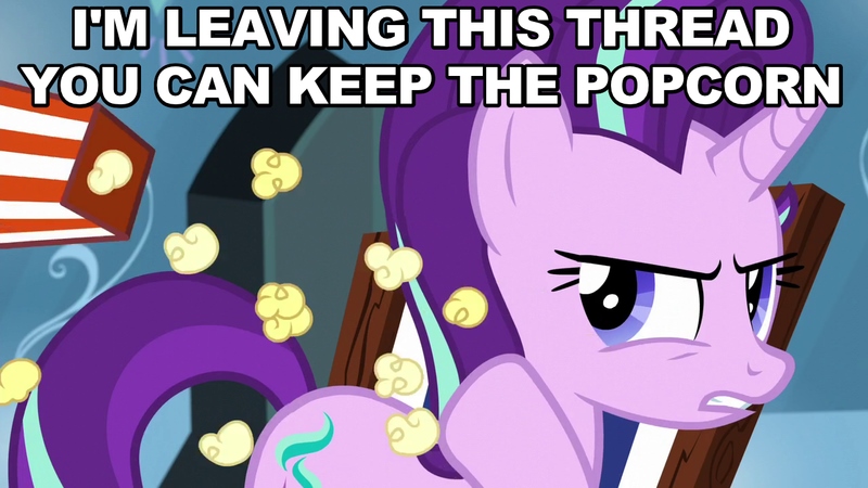 Size: 800x450 | Tagged: abandon thread, angry, caption, derpibooru import, food, image macro, looking back, meme, popcorn, reaction image, safe, screencap, solo, starlight glimmer, the crystalling, thread, throwing