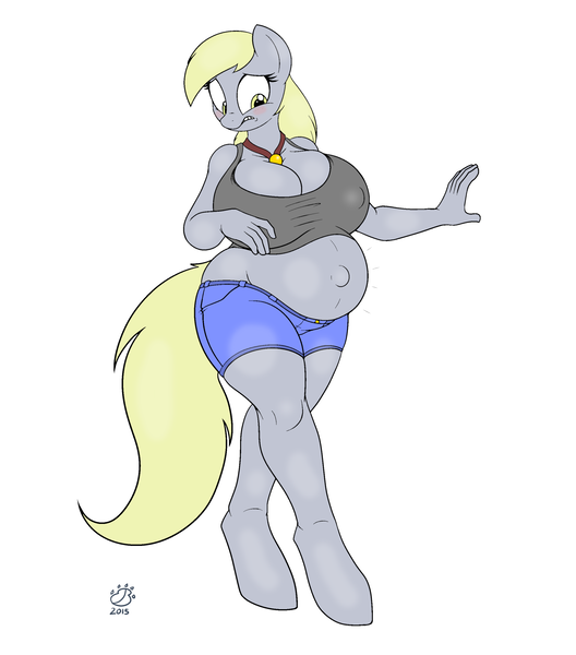 Size: 2443x2774 | Tagged: amulet, anthro, artist:badgerben, artist:silv4740, belly, belly button, big belly, big breasts, blushing, breasts, busty derpy hooves, cleavage, clothes, colored, color edit, derpibooru import, derpy hooves, edit, female, huge breasts, jeans, pants, pregnant, shorts, solo, suggestive, tanktop, unguligrade anthro