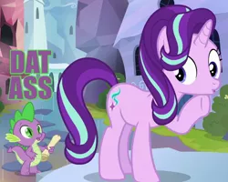 Size: 750x600 | Tagged: safe, derpibooru import, edit, edited screencap, screencap, spike, starlight glimmer, dragon, pony, unicorn, the crystalling, caption, dat butt, duckface, female, image macro, male, meme, open mouth, raised hoof, scroll, shipping, sparlight, stare, straight, the ass was fat