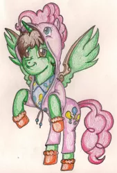 Size: 893x1323 | Tagged: safe, artist:thegloriesbigj, derpibooru import, pinkie pie, oc, oc:frost d. tart, alicorn, pony, alicorn oc, clothes, pajamas, request, robe, traditional art