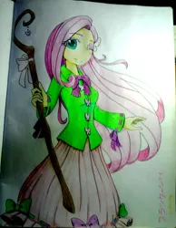 Size: 1371x1766 | Tagged: safe, artist:fantasygerard2000, derpibooru import, fluttershy, equestria girls, cute, shyabetes, solo, staff, touhou, traditional art, urban legend