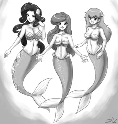 Size: 1500x1575 | Tagged: safe, artist:johnjoseco, derpibooru import, rarity, human, mermaid, ariel, belly button, big breasts, breasts, busty rarity, cleavage, crossover, disney, female, grayscale, humanized, mermaidized, mermarity, midriff, misty brightdawn, monochrome, pokémon, seashell, the little mermaid