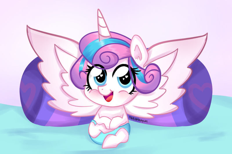 Size: 1800x1200 | Tagged: safe, artist:pandamoniyum, derpibooru import, princess flurry heart, alicorn, pony, the crystalling, baby, baby pony, cute, diaper, eye clipping through hair, flurrybetes, heart eyes, open mouth, solo, wingding eyes