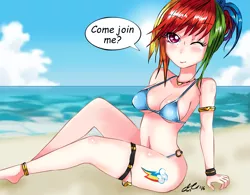 Size: 2175x1699 | Tagged: artist:manhunterj, beach, belly button, bikini, breasts, busty rainbow dash, clothes, derpibooru import, human, humanized, rainbow dash, sexy, solo, stupid sexy rainbow dash, suggestive, swimsuit, wink