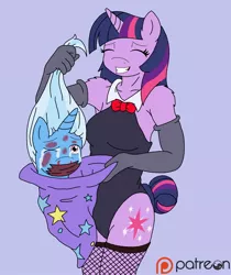 Size: 1074x1280 | Tagged: semi-grimdark, artist:linedraweer, derpibooru import, trixie, twilight sparkle, anthro, unicorn, abuse, armpits, blood, bowtie, bruised, clothes, crying, evening gloves, female, fishnets, gag, gloves, hair pulling, hat, injured, magic, magic trick, pulling, simple background, tape, tape gag, tears of pain, trixiebuse