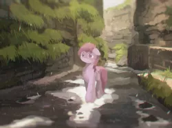 Size: 2268x1700 | Tagged: artist:fuzzyfox11, berry punch, berryshine, canyon, derpibooru import, floppy ears, grass, rain, river, safe, scenery, solo, stream, wet