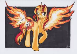 Size: 3173x2226 | Tagged: safe, artist:stormblaze-pegasus, derpibooru import, sunset shimmer, pony, unicorn, equestria girls, 2016, buck, buck2016, fiery shimmer, fire, for sale, raised hoof, signature, solo, sunset phoenix, wings