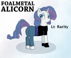 Size: 1539x1251 | Tagged: safe, artist:chiptunebrony, derpibooru import, rarity, pony, unicorn, bedroom eyes, clothes, cosplay, costume, crossover, fullmetal alchemist, fullmetal alchemist brotherhood, parody, plot, riza hawkeye, rubber, text, title