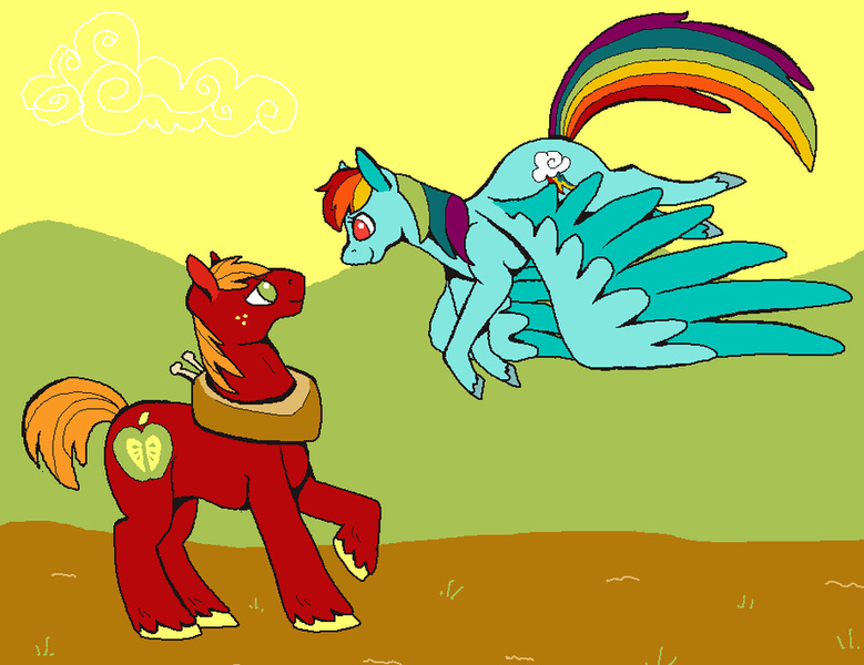 Size: 900x693 | Tagged: safe, artist:ponieseverywhere, derpibooru import, big macintosh, rainbow dash, earth pony, pony, male, rainbowmac, shipping, stallion, straight