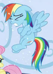 Size: 349x489 | Tagged: cold, cropped, crossed arms, derpibooru import, floating, freezing, gritted teeth, rainbow dash, safe, screencap, shivering, snow, snowfall, snowflake, the crystalling