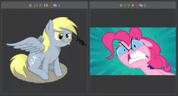 Size: 620x336 | Tagged: safe, derpibooru import, derpy hooves, pinkie pie, pegasus, pony, derpibooru, exploitable meme, female, juxtaposition, mare, meme, meta