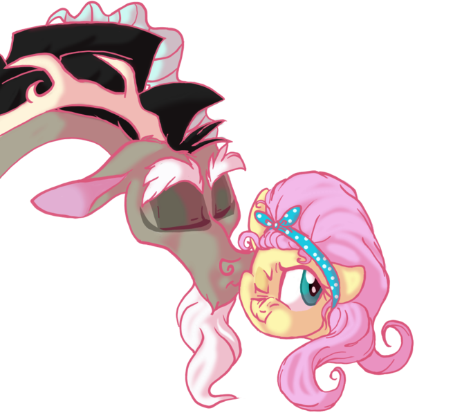 Size: 1100x1008 | Tagged: safe, artist:jaw2002, derpibooru import, discord, fluttershy, alternate hairstyle, discoshy, female, kiss on the cheek, kissing, male, shipping, straight