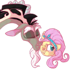 Size: 1100x1008 | Tagged: safe, artist:jaw2002, derpibooru import, discord, fluttershy, alternate hairstyle, discoshy, female, kiss on the cheek, kissing, male, shipping, straight