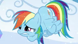 Size: 1280x720 | Tagged: cold, crossed arms, derpibooru import, floating, freezing, rainbow dash, safe, screencap, shivering, snow, snowfall, snowflake, the crystalling