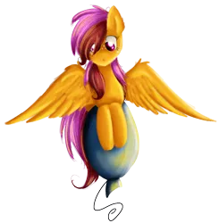 Size: 980x1000 | Tagged: artist:mufflinka, balloon, derpibooru import, flying, freckles, looking at something, :o, older, safe, scootaloo, solo, spread wings