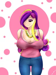 Size: 3000x4000 | Tagged: artist:draconightmarenight, breasts, busty princess cadance, cleavage, clothes, derpibooru import, female, human, humanized, jeans, pants, princess cadance, smiling, solo, solo female, suggestive, tanktop