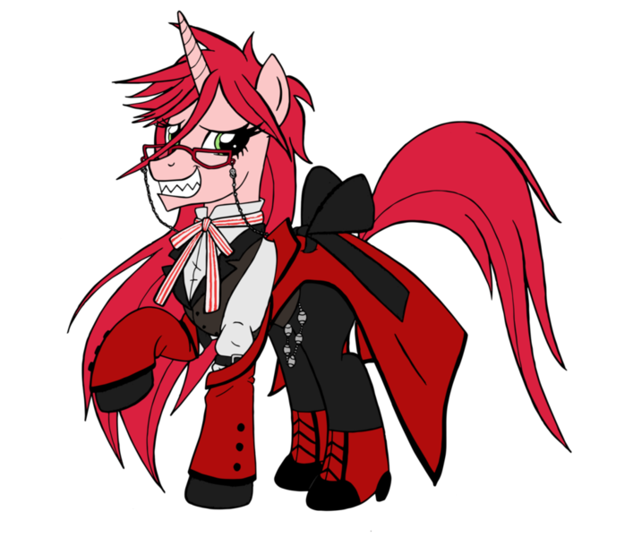 Size: 970x823 | Tagged: safe, artist:edcom02, artist:jmkplover, derpibooru import, pony, unicorn, black butler, clothes, crossover, glasses, grell, grell sutcliff, kuroshitsuji, simple background, solo, transparent background