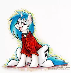 Size: 600x621 | Tagged: artist:spainfischer, background pony, clothes, collar, derpibooru import, dreamworks face, open mouth, red eyes, safe, signature, sitting, solo, vinyl scratch, wrong eye color