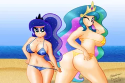 Size: 3000x2000 | Tagged: artist:aleximusprime, ass, beach, belly button, big breasts, bikini, breasts, busty princess celestia, busty princess luna, cleavage, clothes, curvy, derpibooru import, eyeshadow, female, hourglass figure, huge butt, human, humanized, large butt, looking at you, makeup, panties, panty pull, praise the sun, princess celestia, princess luna, royal sisters, sideboob, string bikini, suggestive, sunbutt, swimsuit, the ass was fat, thong, thong swimsuit, thunder thighs, unf, wide hips