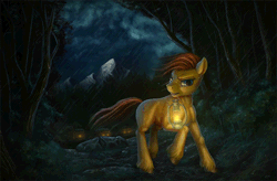 Size: 608x400 | Tagged: animated, artist:bra1neater, artist:equum_amici, cinemagraph, derpibooru import, forest, gif, houses, lantern, lightning, mountain, mouth hold, oc, oc:tracy swift, particle effects, rain, safe, solo, storm, thunderbolt, unofficial characters only, unshorn fetlocks, wet mane