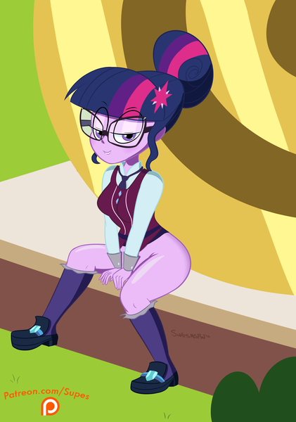 Size: 1801x2569 | Tagged: questionable, artist:superion, derpibooru import, sci-twi, twilight sparkle, equestria girls, bottomless, clothes, exhibitionism, female, glasses, public nudity, solo, solo female