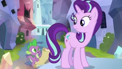 Size: 1280x720 | Tagged: animation error, derpibooru import, looking back, raised hoof, safe, screencap, scroll, spike, starlight glimmer, the crystalling