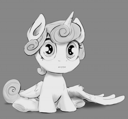 Size: 1280x1189 | Tagged: safe, artist:silfoe, derpibooru import, princess flurry heart, royal sketchbook, animated, blowing bubbles, bubble, cute, fluffy, flurrybetes, grayscale, :i, looking at you, monochrome, :o, open mouth, sitting, solo, spread wings, underhoof, wide eyes