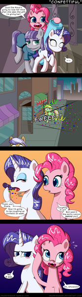 Size: 1200x4299 | Tagged: suggestive, artist:deusexequus, derpibooru import, maud pie, pinkie pie, rarity, earth pony, pony, unicorn, the gift of the maud pie, all the way through, comic, confetti, female, implied anal insertion, implied insertion, mare, party cannon, surprised, wide eyes