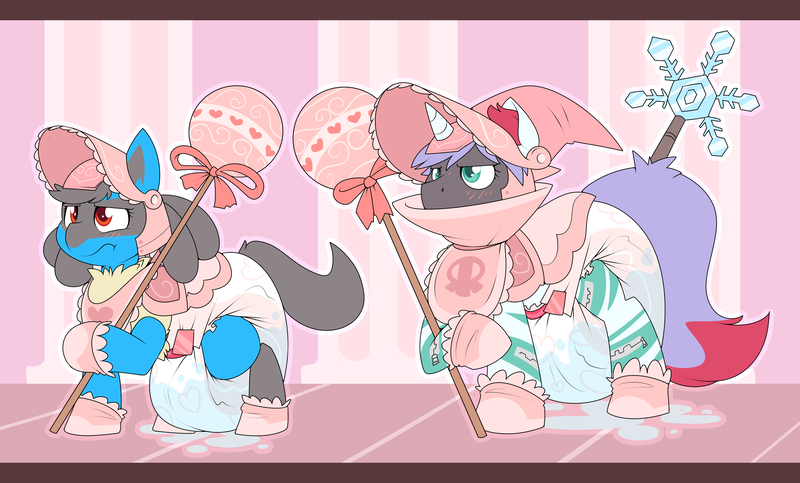 Size: 6320x3816 | Tagged: questionable, artist:cuddlehooves, derpibooru import, oc, lucario, pony, unicorn, absurd resolution, bib, blushing, bonnet, booties, clothes, colored pupils, diaper, diaper fetish, digimon, ear fluff, leaky diaper, mittens, pokémon, poofy diaper, rattle, ribbon, sorcerimon, staff, water, wet diaper, zipper