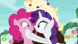 Size: 1280x720 | Tagged: derpibooru import, face grab, food, ice cream, out of context, pinkie pie, rarity, safe, screencap, sundae, the gift of the maud pie