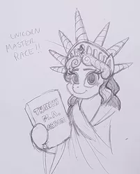 Size: 1188x1479 | Tagged: artist needed, derpibooru import, meme, monochrome, multiple horns, pencil drawing, rarity, safe, simple background, statue of liberty, thanks m.a. larson, the gift of the maud pie, traditional art, unicorn master race, white background