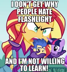 Size: 365x390 | Tagged: safe, derpibooru import, edit, edited screencap, screencap, flash sentry, sunset shimmer, twilight sparkle, equestria girls, friendship games, caption, exploitable meme, female, flashface, flashlight, human flash sentry x pony twilight, image macro, interspecies, male, meme, shipper on deck, shipping, straight, sunset is not willing to learn, sunset shipper