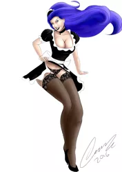 Size: 1600x2263 | Tagged: artist:oudjiel, breasts, busty nightmare moon, choker, cleavage, clothes, derpibooru import, female, high heels, human, humanized, lace, lipstick, maid, maidmare moon, nightmare moon, solo, solo female, stockings, suggestive