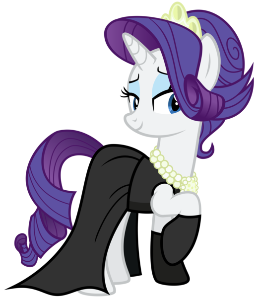 Size: 2600x3000 | Tagged: safe, artist:cheezedoodle96, derpibooru import, rarity, pony, the gift of the maud pie, .svg available, alternate hairstyle, audrey hepburn, bedroom eyes, black dress, breakfast at tiffany's, clothes, dress, elegant, evening gloves, female, gloves, gown, holly golightly, jewels, little black dress, mare, necklace, pearl necklace, simple background, smiling, solo, svg, tiara, transparent background, vector