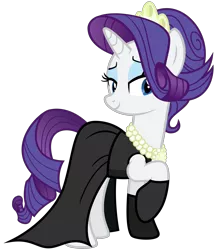 Size: 2600x3000 | Tagged: safe, artist:cheezedoodle96, derpibooru import, rarity, pony, the gift of the maud pie, .svg available, alternate hairstyle, audrey hepburn, bedroom eyes, black dress, breakfast at tiffany's, clothes, dress, elegant, evening gloves, female, gloves, gown, holly golightly, jewels, little black dress, mare, necklace, pearl necklace, simple background, smiling, solo, svg, tiara, transparent background, vector