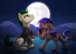 Size: 1280x915 | Tagged: artist:skjolty, clothes, derpibooru import, duo, eyes closed, mare in the moon, moon, night, oc, oc:cogito, oc:evening howler, safe, singing, stars, unofficial characters only