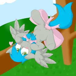 Size: 2500x2500 | Tagged: artist:laptopbrony, belly, belly button, blushing, bow, cute, derpibooru import, heart, looking at you, oc, oc:darcy sinclair, on back, safe, solo, spread wings, tail bow, tree, unofficial characters only